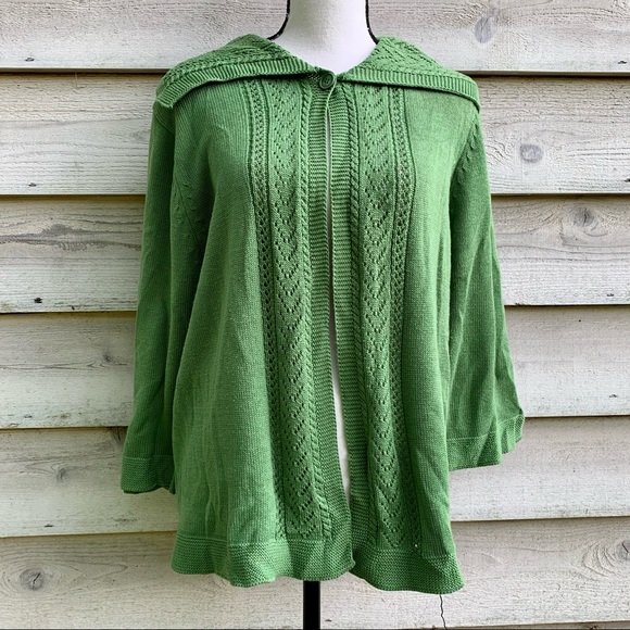 True Vintage 70s Green Peter Pan Collar 3/4 Sleeve Baby Doll Cardigan Sweater - Picture 1 of 16